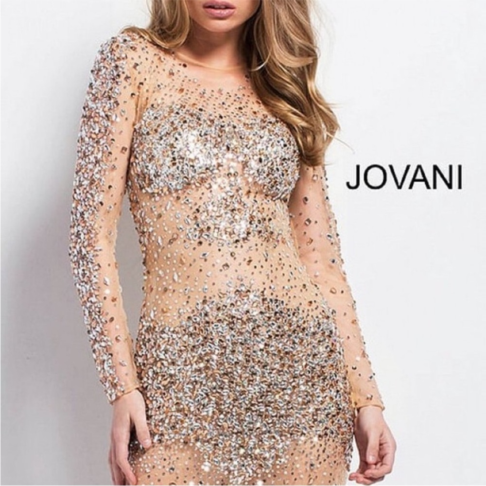 Jovani Bejeweled Illusion Scoop Neck Sheath Rhinestone Mini Dress, 7757, size 10